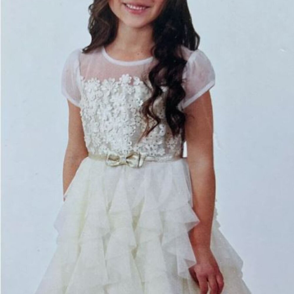 Jona Michelle Girls Special Occasion Dress Ivory Golden Sequin Floral Sz 7 NWOT